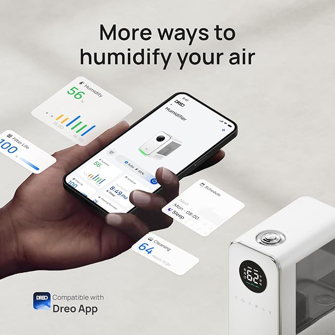 DREO Humidifiers for Bedroom, Top-filled Smart Quiet Cool Mist Humidifiers for Large Room Home, Oil Diffuser & Nightlight, 50Hours Runtime for Indoor Plants, with Alexa/Google, Grey