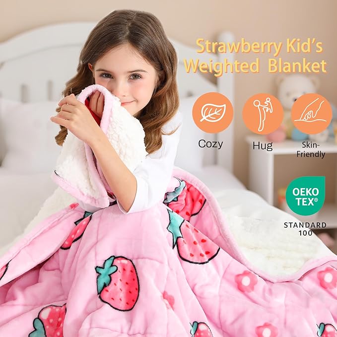 Weighted Blanket 7 pounds Twin Size 41"x 60",Soft Sherpa Fleece Heavy Blanket for Sleeping Perfect for 60-90lbs, Cute Strawberry Pink Weighted Blanket for Bed or Couch