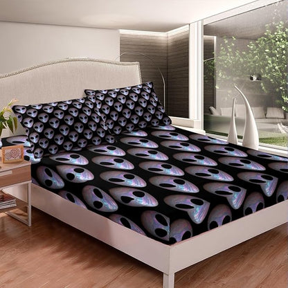 Alien Fitted Sheet Set with 2 Pillowcase,Outer Space Alien Mysterious Microfiber Mattress Cover,Watercolor Purple Blue Marble Paint Trippy Bed Cover Queen Size