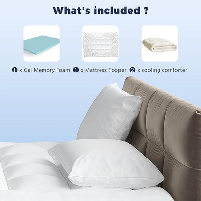 King 4 Inch Memory Foam Mattress Topper with Cooling Comforter,Dual Layer 2" Gel Memory Foam and 2" Mattress Pad for Back Pain Relief,Tencel Fabric,CertiPur-US Certified,White