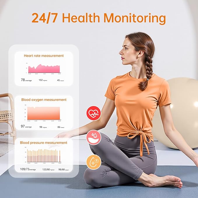 Smart Ring for Women & Men, Health Tracker Ring with Heart Rate, Blood Oxygen,Blood Pressure, IP68 Waterproof Fitness Ring, Sleep Tracker for iPhone and Android, No APP Fee (Orange, 8#)