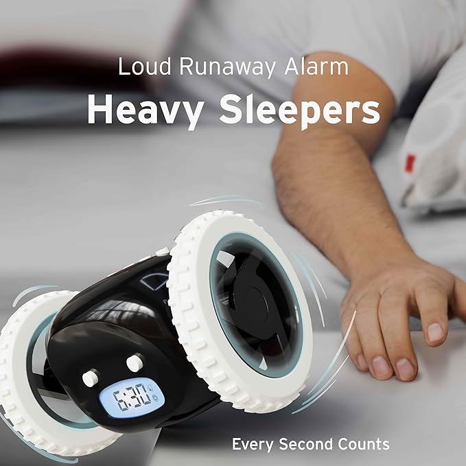 CLOCKY Alarm Clock on Wheels – Loud Rolling Alarm Clock for Heavy Sleepers | Runaway Clock That Jumps & Runs to Wake You Up | Funny Unique Gift for Adults, Teens & Kids Bedrooms (Black)