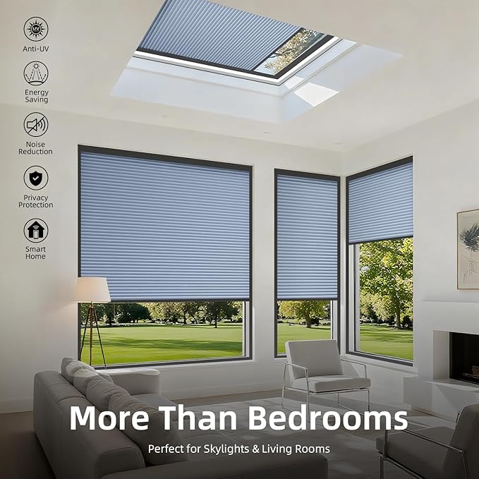 ZSTARR Motorized Skylight Shades Blackout Cellular Honeycomb Electric Blinds with Solar Panel Cordless Rechargeable with Remote for Roof and Slanted Windows Custom Size (Black Out Blue)