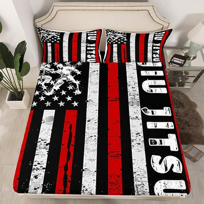 Manfei Jiujitsu Fitted Sheet Queen Size, Japanese Judo Sports Theme Bedding Set 3pcs, American Flag Print Bed Cover with 2 Pillowcases, Kids Boys Teens Room Decor, Soft Bedding(No Top Sheet)
