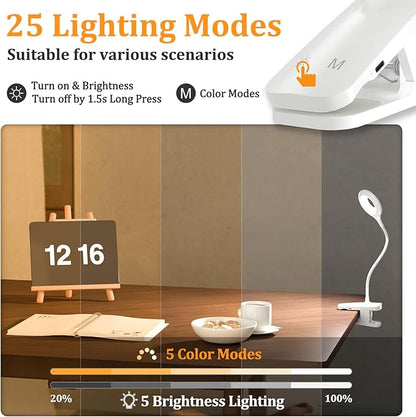2 Pack Clip on LED Reading Light, 25 Models USB Rechargeable Bed Lights with Large Clamp for Headboard, Eye Protection Cordless Lamp for Bedframe Table Beside Desk Home Office