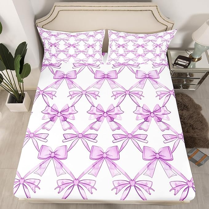 Purple Bowknots Bed Sheet Set Dreamy Princess Bow-tie Purple White Fitted Sheet for Ultra Soft Watercolor Bow Crossed Lines Grids Paint Bedding Cover Set Room Decor Queen (No Flat Sheet)