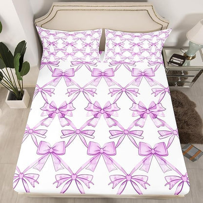 Purple Bowknots Bed Sheet Set Dreamy Princess Bow-tie Purple White Fitted Sheet for Ultra Soft Watercolor Bow Crossed Lines Grids Paint Bedding Cover Set Room Decor Queen (No Flat Sheet)