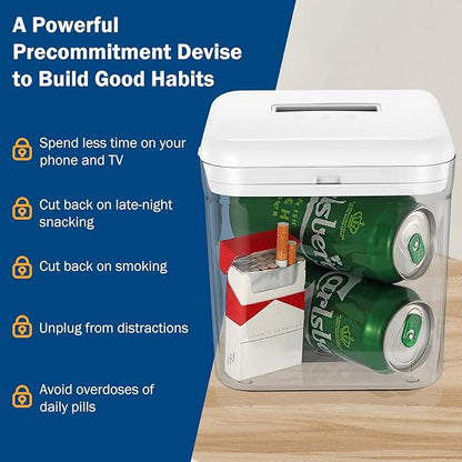Timed Lock Box, Phone Lock Box with Timer, Rechargeable Time Locking Container, 6.5''x 6.5''x6.5'', Timed Lock Safe for Cell Phones, Snacks and Other Tempting Items
