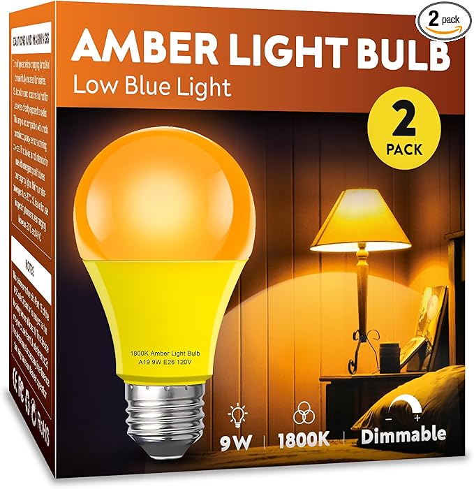 Amber Sleep Light Bulb 2 Pack，Dimmable 1800K Warm Light Bulbs for Healthy Sleep,Blue Light Blocking,A19 9W(60W Equivalent) E26 Base Amber Light Bulbs for Bedroom, Baby Nursery Room