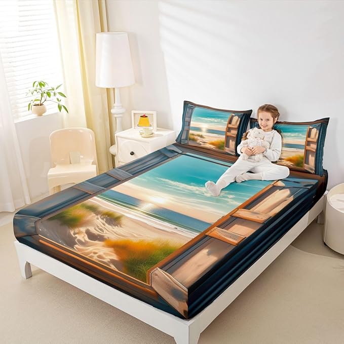 Beach Kids Twin Size Fitted Sheet,Sunrise Wooden Door Coastal Boys Girls Bed Sheets,Hawaii Seaside Seascape Room Decor,Brown Blue Bedding Set,1 Pillowcase(No Flat)