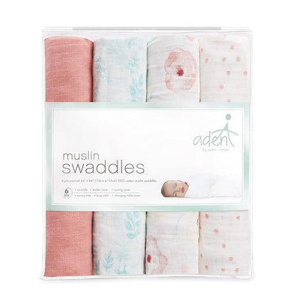 aden + anais Essentials Muslin Swaddle Blankets for Baby Girls and Boys, Newborn Receiving Blanket for Swaddling, 100% Cotton Baby Swaddle Wrap, 4 Pack, Full Bloom