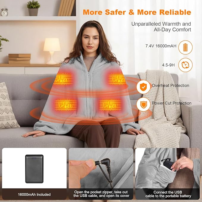 16000mAh Heated Blanket Battery Operated Soft Cordless Heated Blanket Shawl Portable Heated Throw Blanket Poncho Wraps Fast Heating with 3 Heat Levels 6 Heating Zones