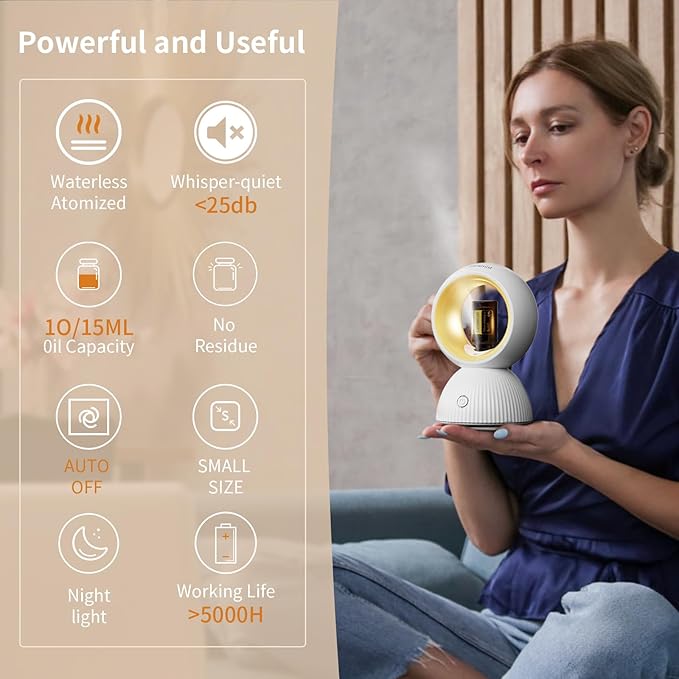 USB Essential Oil Diffuser – Waterless Aromatherapy Diffuser for Home, Office, Car & Travel, Compact & Portable, Variable Light Modes, Timer, Auto-Off, Covers Up to 450 Sq. Ft.