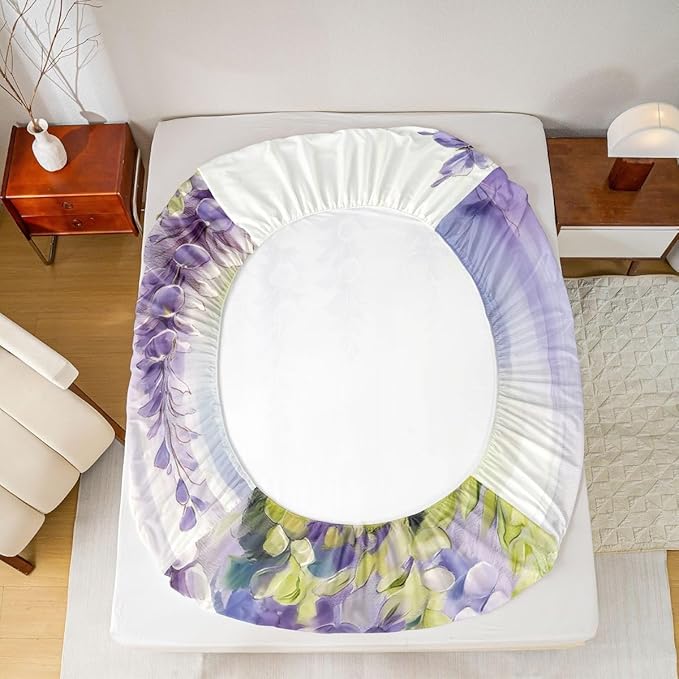 Lavender Boys Girls Bed Sheets,Butterfly Spring Floral Room Decor,Dreamy Lilac Flower Leaves Kids Twin Size Fitted Sheet,Purple Beige Bedding Set,1 Pillowcase(No Flat)