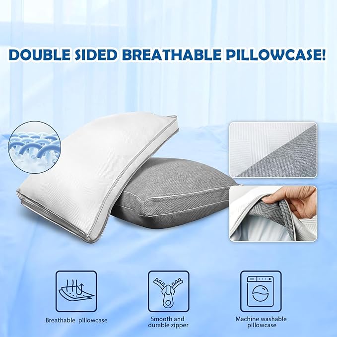 Pillows King Size Set of 2 - Shredded Memory Foam Cold Pillow That Stay Cold Adjustable Pillows for Sleeping Double-Sided Pillowcase