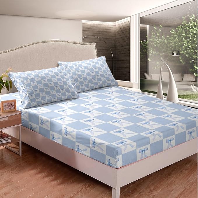 Blue Bowknot Fitted Sheet Queen Size Dreamy Bow Minimalist Grids Plaids Geometric Bedding Sheet Set,Princess Style Blue White Bed Cover Ultra Soft Breathable Bedding 3 Pcs