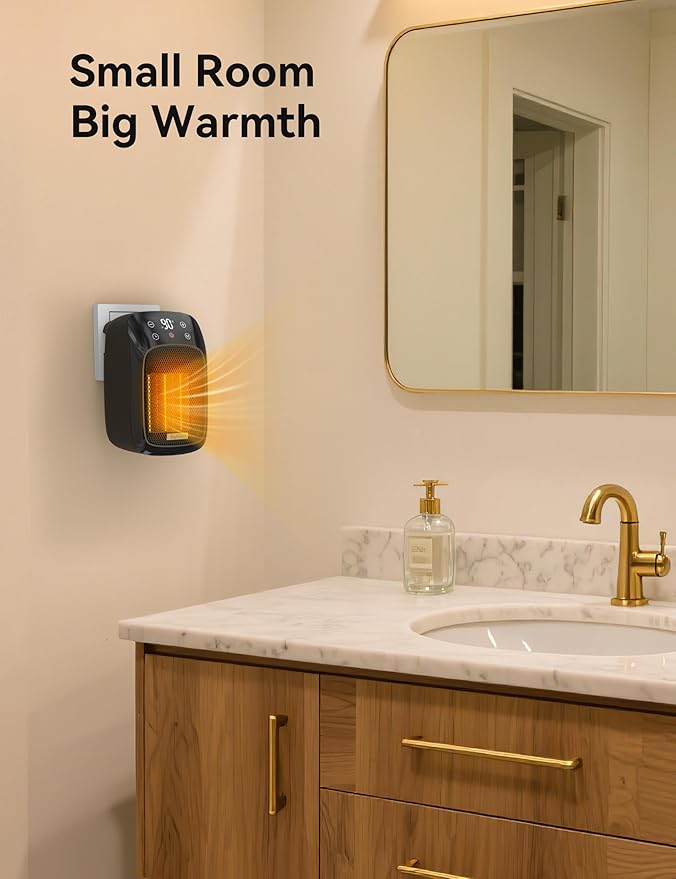 Brightown Wall Plug-in Heater for Indoor Use, 800W Small Electric Space Heater with Thermostat, Remote Control, Overheat Protection, LED Display, 12H Timer for Home Bedroom Office RV, Black