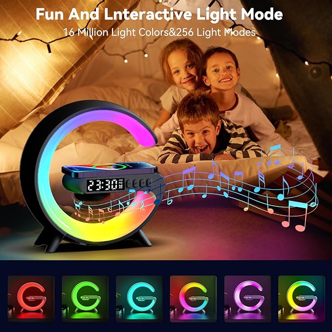 LED Atmosphere Lamp, Mini G Type Charging Ambient Lamp, Bedside Night Smart Light with Alarm Clock, 15W Charger, for Bedroom Home Decoration (Black Plug-in Type)