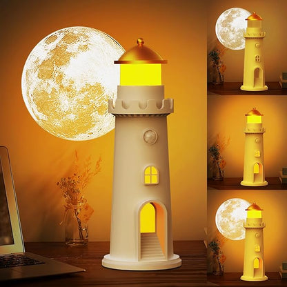 easuntec Moon Projection Night Light Motion Sensor, Rechargeable Dimmable Timer, Moon Lamp Auto On/Off for Bedroom, Nursery, Kids, Adults, Moon Lighthouse Gifts for Girls Boys (Warm White)
