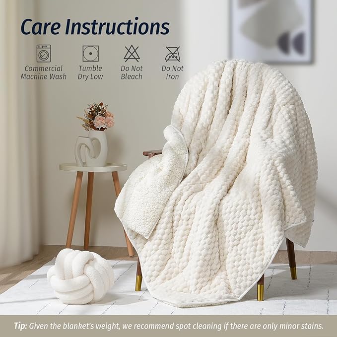 Wemore Fleece Weighted Blanket for Adults (48" x 72" 12lbs, Cream White), Dual Sided Cozy Soft Sherpa Heavy Blanket, 3D Imitation Turtle Shell Warm Jacquard Flannel Weighted Blankets for Couch and Bed