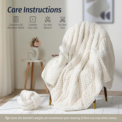 Wemore Fleece Weighted Blanket for Adults (48" x 72" 12lbs, Cream White), Dual Sided Cozy Soft Sherpa Heavy Blanket, 3D Imitation Turtle Shell Warm Jacquard Flannel Weighted Blankets for Couch and Bed