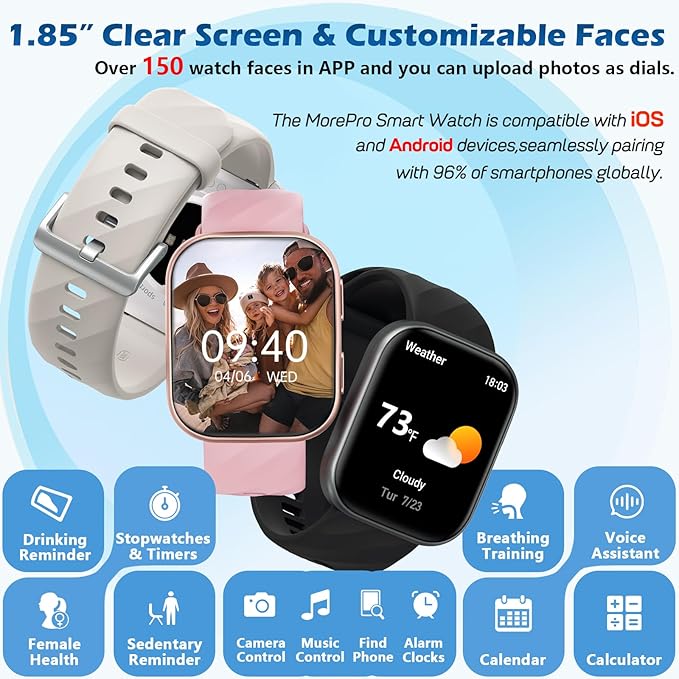 MorePro Health Fitness Tracker with 24/7 Heart Rate/Blood Pressure Monitor, Blood Oxy-gen/Sleep Tracking, 120+ Sports Activity Tracker, Smart Watch (Make/Answer Call) with Step Counter for Women Men