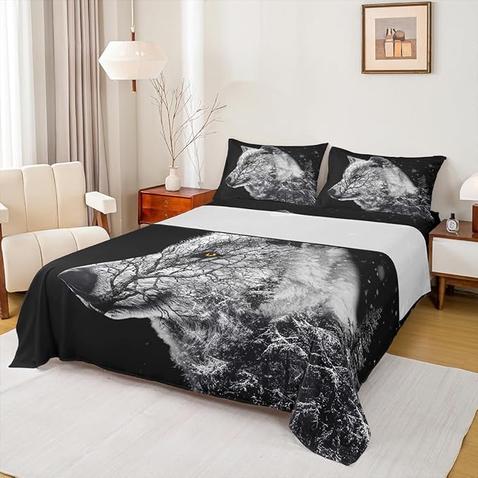 Manfei Wolf Sheet Queen,Winter Pine Bed Sheet Set 4pcs with Deep Pocket Fitted Sheet + Flat Sheet + 2 Pillowcases Plant Animal Theme Black Soft Bedding Set for Kids Teenss Room Decor,Black