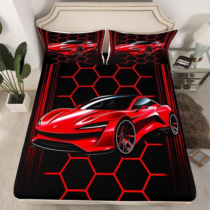 Red Sports Car Bedding Set Twin Size Neon Lines Honeycomb Geometric Bed Set for Teens Bedroom Decor Kids Sheet Microfiber Racing Car Bed Cover(1 Fitted Sheet+1 Pillow Case)