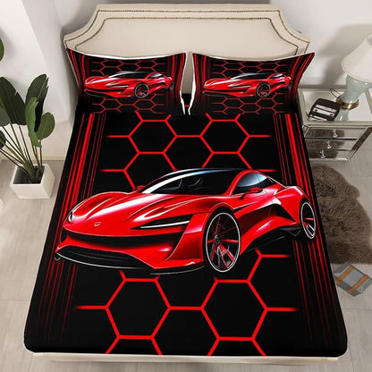 Red Sports Car Bedding Set Twin Size Neon Lines Honeycomb Geometric Bed Set for Teens Bedroom Decor Kids Sheet Microfiber Racing Car Bed Cover(1 Fitted Sheet+1 Pillow Case)