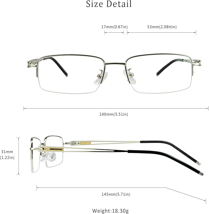 LifeArt Alloy Semi-Rimless Reading Glasses,Blue Light Blocking Glasses, Anti Eyestrain, Computer Gaming Glasses, TV Glasses for Men, Anti Glare (Silver, +2.25 Magnification)