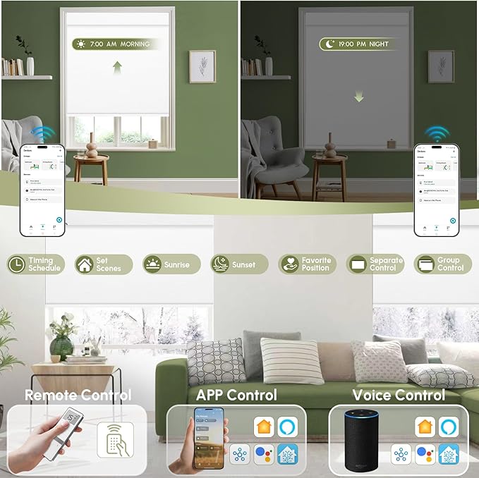 FineTell Motorized Blinds with Remote, 100% Blackout Roller Shades Compatible with Alexa,Apple Homekit,Google Home APP and Voice Control, Customized Electric Blinds (100% Blackout Pure White)