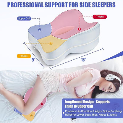Lengthtened Knee Pillow for Side Sleepers Fully Support Thighs and Knees, Breathable Leg Pillow for Side Sleeping,Plush Support Memory Foam Soothing Relief for Hips, Knees, Joints, Nerves & Muscles