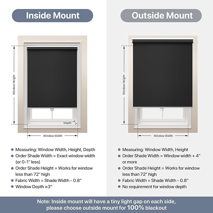 GENIMO 100% Blackout Roller Window Shades, Window Blinds Cordless with Thermal Insulated, UV Protection Fabric, Mini French Door Blinds for Home, Office, Bedroom, Easy to Install, Black, 47" W X 72" H