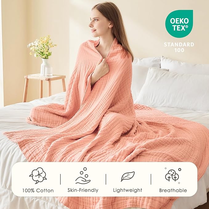 EMME Muslin and Cotton Twin Blankets for Couch Breathable Gauze Blanket All Season Soft and Lightweight Pre-Washed Cotton Blanket (Pink, 60"x80")