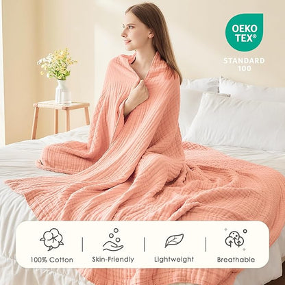 EMME Cotton Blanket Queen Size for Bed Soft Large Muslin Bed Blankets 90"x90" Lightweight Breathable All Season Gauze Blanket, Pink