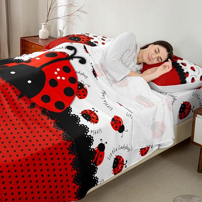Manfei Ladybug Kids Sheet Full Size,Red Black Ladybird Beetle Insect Rustic Girls Boys Bedding Set Decor,Geometric Polka Dots Abstract Cartoon Bed Sheet Set 4pcs(Fitted + Flat + 2 Pillowcases)