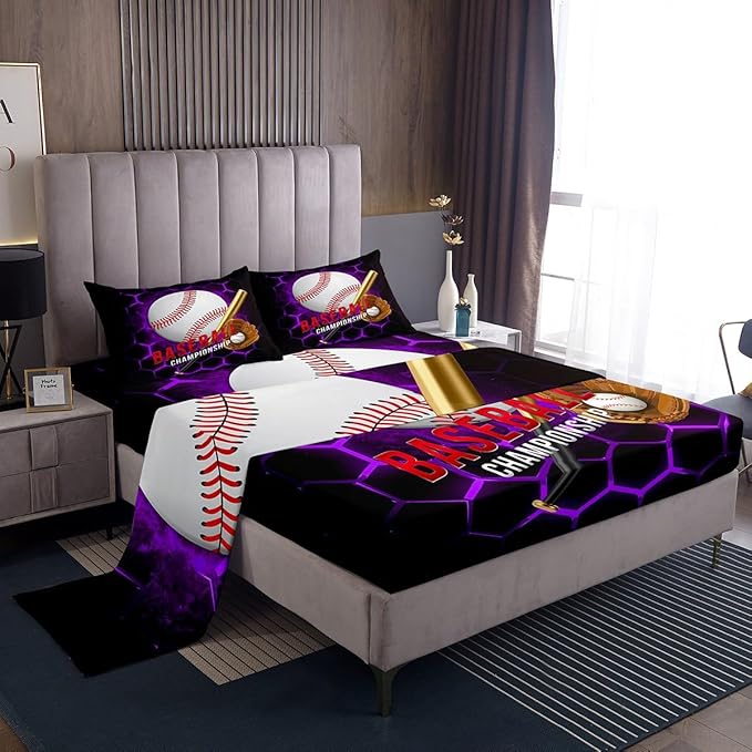 Manfei Baseball Sheet Set Queen Size, Ball Gaming Sports Themed Bedding Set for Kids Boy Teen Room Decor, Purple Honeycomb Bed Sheet Set 4pcs with Deep Pocket Fitted Sheet + Flat Sheet + 2 Pillowcases