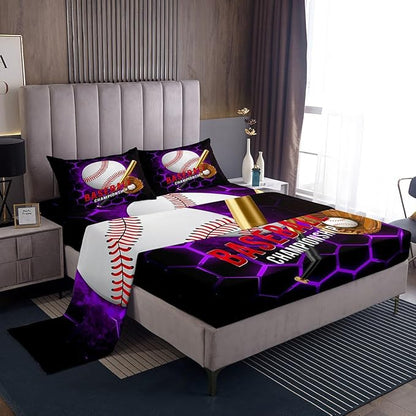 Manfei Baseball Sheet Set King Size, Ball Gaming Sports Themed Bedding Set for Kids Boy Teen Room Decor, Purple Honeycomb Bed Sheet Set 4pcs with Deep Pocket Fitted Sheet + Flat Sheet + 2 Pillowcases