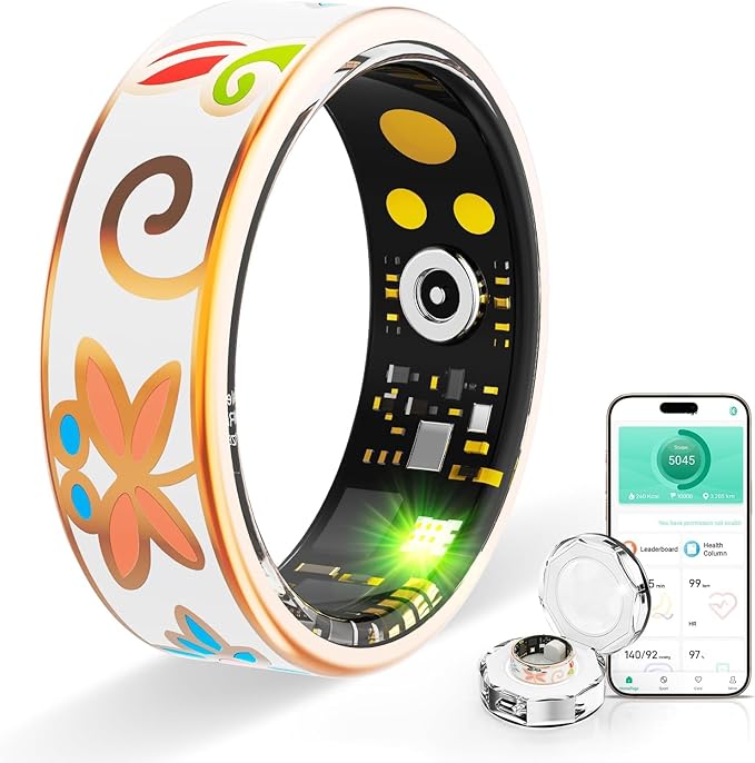 Vintage Smart Ring for Women and Men, Fitness Tracker with Heart Rate Monitor, Sleep Tracker, 8 Sport Modes, Step Counter, IP68 Waterproof, 5-Day Battery, Crystal Magnetic Charging Case