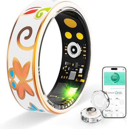 Vintage Smart Ring for Women and Men, Fitness Tracker with Heart Rate Monitor, Sleep Tracker, 8 Sport Modes, Step Counter, IP68 Waterproof, 5-Day Battery, Crystal Magnetic Charging Case
