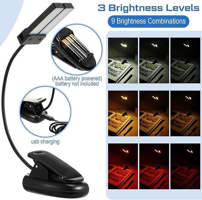 Retisee 12 Pcs Music Stand Clip on Reading Light Dual Heads USB and AAA Battery Operated LED Book Lights in Bed 3 Brightness Levels Ideal for Musician, Battery Not Included (Double-Light Style)
