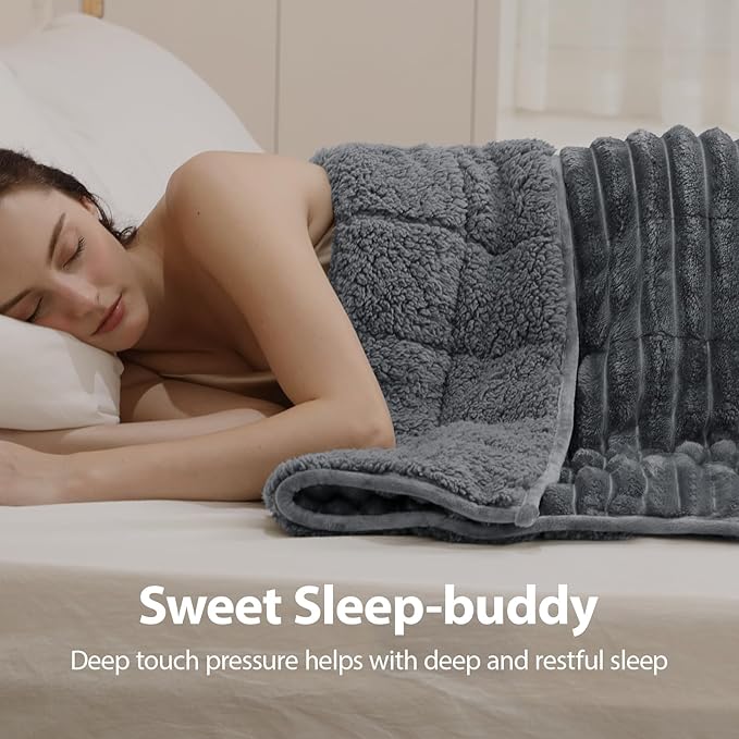 Sherpa Fleece Weighted Blanket with 3D Ribbed Stripes, 15 lbs Soft Flannel Heavy Throw Blanket for Couch Bed Sofa, Heavy Thick Blankets with Glass Beads, Great for Sleep, 48" x 72"