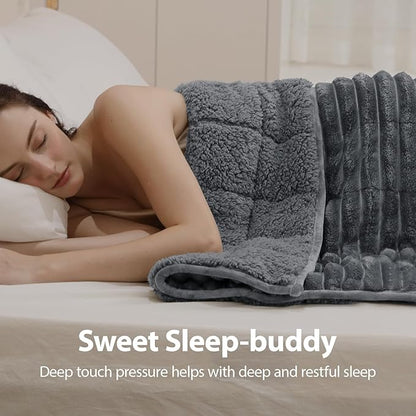 Sherpa Fleece Weighted Blanket with 3D Ribbed Stripes, 15 lbs Soft Flannel Heavy Throw Blanket for Couch Bed Sofa, Heavy Thick Blankets with Glass Beads, Great for Sleep, 48" x 72"