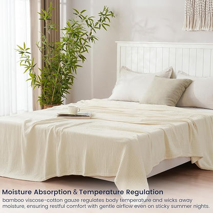 PHF Cooling Muslin King Blanket for Hot Sleepers, 60% Rayon Derived from Bamboo, 40% Cotton for Summer, 4-Layer Breathable Gauze Blanketfor Bed Couch, 108"x90", Natural/Shortbread