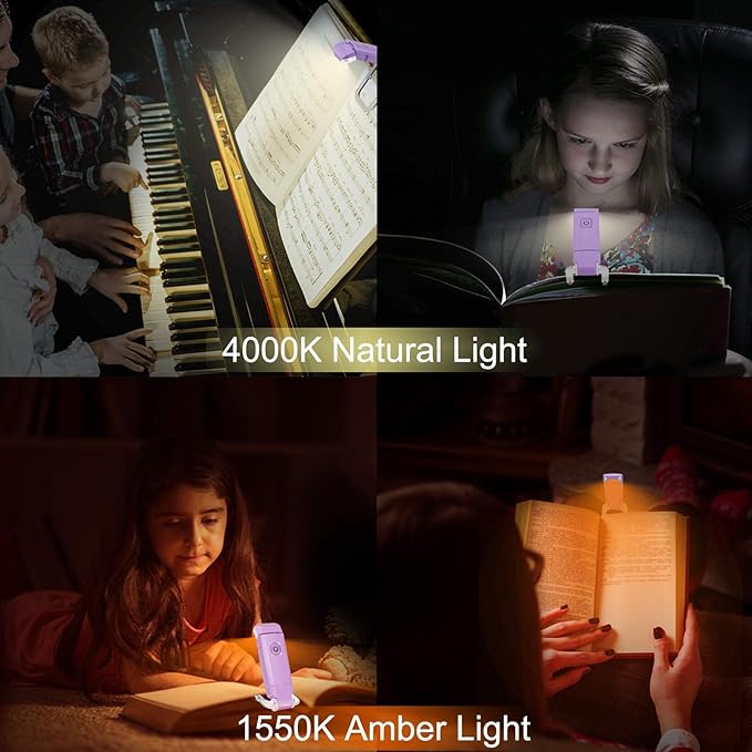 Rechargeable Book Reading Light for Kids,Clip on LED Portable Bookmark Light with Brightness Adjustable for Eye-Protection,Warm White and Amber LEDs Night Reading Lights for Bookwarms