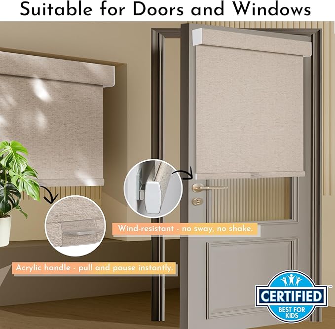 Persilux Blackout Roller Shades for Window Blinds,Cordless,Linen Fabric,Thermal Insulated Fabric UV Protection Shades for Home,Office,Bedroom,Door,Blackout-Beige,24" W X 72" H