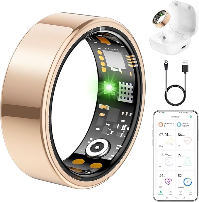 Ring Health Tracker for Women Men, Fitness Ring with Heart Rate,Blood Oxygen,Sleep Monitor,Calories, Step Counter, IP68 Waterproof Smart Ring for iPhone & Android, No Subscription Fee (Rose Gold, 8#)