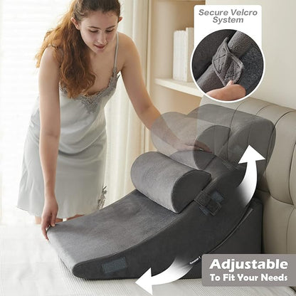 Ganaver 4pcs Orthopedic Bed Wedge Pillow Set Post Surgery Relaxing Back Adjustable Head Support Cushion Triangle Memory Foam Pillow for Acid Reflux Sleeping Reading Leg Elevation Snoring