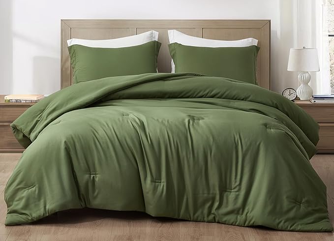 Chezmoi Collection Cliff 3-Piece Lightweight Cooling Comforter Set, King - Rayon Derived from Bamboo & Polyester Blended, Soft Breathable Bedding for Hot Sleepers, Olive Green