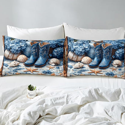 Western Cowboy Full Size Fitted Sheet,Blue Tribal Boots Flowers Beach Starfish Shell Conch 3 Pieces Kids Teenager Room Decor Rustic Farmhouse Wooden Plank Pocket 2 Pillowcases